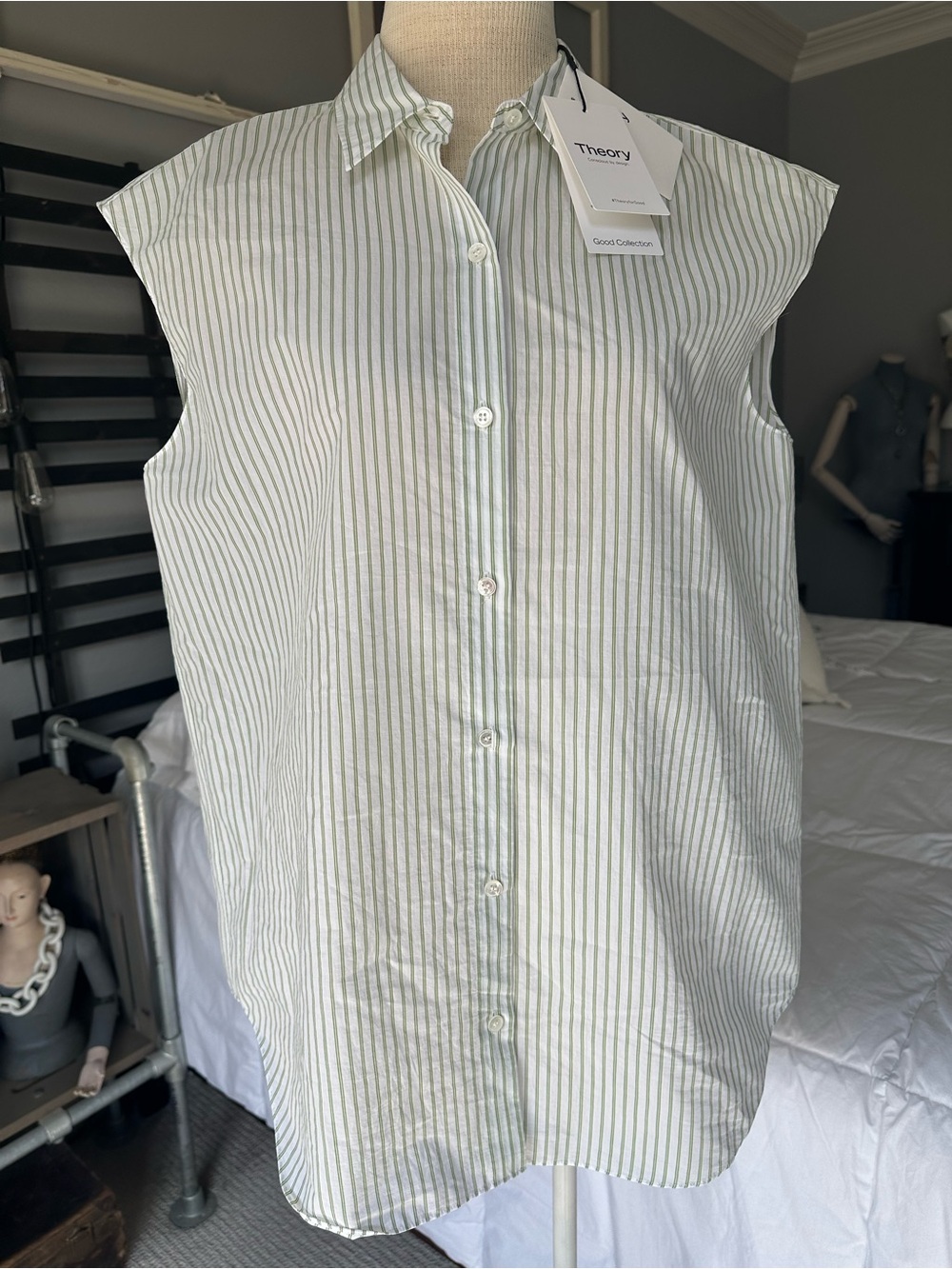 Theory Striped NWT Sleeveless Button-Down Shirt Green and White size medium - Picture 7 of 14
